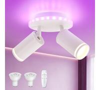 URing Plafonnier LED Blanc 2 Spots, Spot Plafond RGBW 13,5W 1350LM Rond | Plafonnier avec Télécommande, Dimmable, Commande Séparée, Orientable 350°, Ampoules GU10 incluses, Luminaire Plafond Cuisine