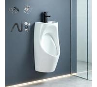 Urinoir 2 en 1 Céramique Murale avec Robinet Lavabo Homme Restroom Bar | Économie d'Eau Évacuation Siphon Chasse Cascade Anti Éclaboussures Bureau Garage Blanc(Black Hot+Cold Faucet)