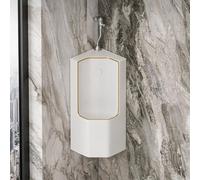 Urinoir d'Angle Effet Marbre Automatique à Détecteur Céramique Homme | Urinoir Murale Homme avec Finition Dorée et Siphon Anti-Odeur pour Hôtel et Garage(E,All-copper manual push-button)