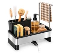 URMONA Organisateur Évier Cuisine en Inox, Bac d’Égouttement, Porte-Torchon | Porte-éponge, support liquide vaisselle, rangement brosses, accessoires lavage, comptoir bien propre, espace ordonné (Noir)