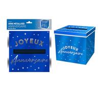 URNE CARTON CAGNOTTE ANNIVERSAIRE 20CM BLEU