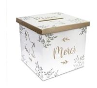 Urne de cérémonie - 31236 - Colombe ""Merci"" - Blanc et doré - Carton 20×20×20 cm