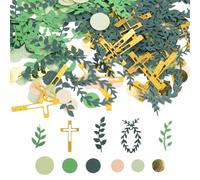 URROMA Table Confetti, 235Pcs Green and Gold Cross Branch Dots First Communion Baptism Baby Shower Birthday Decor Wedding Throwing Paper Scraps