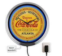 US-Way.de Horloge néon Coke-Atlanta WallClock - Horloge décorative - Style des années 50 - Style rétro néon - Pour salle à manger, cuisine, salon, bureau (bleu)