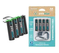 USB Rechargeable AA Batteries by Pale Blue, Lithium ION 1.5v 1700 mAh, Charges Under 1 Hours, Over 1000 Cycles, 4-in-1 USB-A to USB-C Charging Cable, LED Charge Indicator, 4-Pack