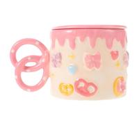 USHOBE Gobelet en Céramique Rose 400ml avec Couvercle et Anse Nœud | Style Esthétique Coquette, Détails en Relief, Protection la Poussière, pour Café, Céréales ou Soupe au Bureau