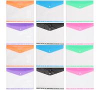 USHOBE Lot de 12 Pochettes Plastiques Transparentes Bouton-pression en Pp, Résistantes à L'usure, pour Organiser et Stocker Petits Documents au Bureau Couleur Aléatoire