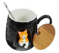 USHOBE Tasse à Thé Facile à Entretenir en Céramique Noire 400ml avec Couvercle et Cuillère, Design Chien Mignon Maison Bar à Livres