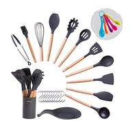 Ustensile de Cuisine en Silicone et Bois, 11 Ustensiles de Cuisine, 10 Crochets et 5 Cuillère à Mesurer, Tapis de Pose, Support de set D'ustensiles, Set d'ustensiles de cuisine (Gris nuit) BoMo&Co.