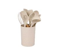 Ustensiles de cuisine à manche en bambou, lot de 12 pièces, 32 cm, beige, présentés dans un support