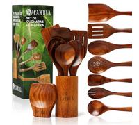 Ustensiles de cuisine en bois - 9 pièces - Bois de teck - Anti-rayures - Set de spatules et cuillères de cuisine - Poignée confortable pour poêles antiadhésives - CAMBLA