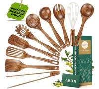 Ustensiles de Cuisine en Bois Antiadhésif - Set de 10 Pièces en Teck Naturel Avec Spatule et Louche