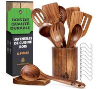 Ustensiles de Cuisine en Bois - Ensemble Premium en Teck de 12 Pièces avec Cuillère en Bois et Spatule, avec crochet, pot à couverts, repose-cuillère - Résistants à la chaleur et anti-rayures