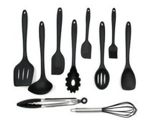 Ustensiles de cuisine en silicone 10 ensembles Spoonula Brush Fouet Spatule Louche Slotted Turner et Spoon Tongs Pasta Fork noire G