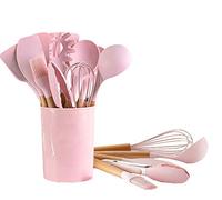 Ustensiles de Cuisine en Silicone Ensemble d'ustensiles de Cuisine poignées en Bois résistant à la Chaleur Gadgets de Cuisine Gris Outils pour ustensiles de Cuisine antiadhésifs (Rose-12pcs)