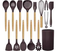 Ustensiles de Cuisine en Silicone Ensemble d'ustensiles de Cuisine poignées en Bois résistant à la Chaleur Gadgets de Cuisine Gris Outils pour ustensiles de Cuisine antiadhésifs (Marron-12pcs)