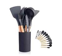 Ustensiles de Cuisine en Silicone Ensemble d'ustensiles de Cuisine poignées en Bois résistant à la Chaleur Gadgets de Cuisine Gris Outils pour ustensiles de Cuisine antiadhésifs (Noir-12pcs)
