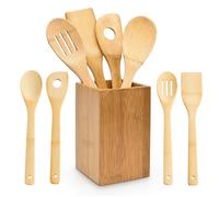 Relaxdays Ustensiles de cuisine Set 5 pièces en bambou avec support marron clair