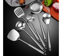 Ustensiles de wok en acier inoxydable 304, Lot de 6 spatules pour wok, écumoire, spatule à fente et cuillère à spaghetti et cuillère de riz,passent au lave-vaisselle(6P Poignée pointue)