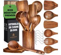 Ustensiles en Bois de Teck avec Support et Repose Cuillère - Cuillères et Spatule pour la Cuisine - Naturels et Sains Antiadhésifs - Ensemble 13 Pièces
