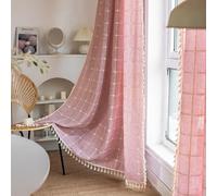 USTIDE Rideau semi-occultant en coton et lin à carreaux roses pour chambre de fille avec broderie et pompons, 140 x 180 cm, panneau passe-tringle 140 x 180 cm, rose doux