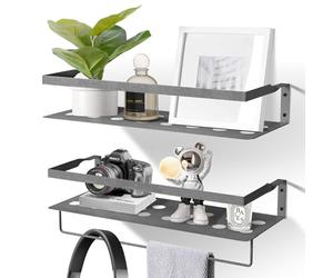 Uten Étagère Murale, Lot de 2 Métallique Étagère Salle de Bain | avec Porte-Serviettes, Étagère Rangement Cuisine pour Cuisine, Salle de Bain, Salon, Patio, gris