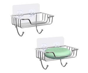 Uten Porte Savon Mural, Lot de 2 Porte-Savon en Acier Inoxydable 304 | Avec 2 Crochets, Sans Perçage - Fixation Murale - pour Salle de Bain et Cuisine