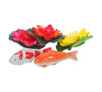 UTHCLO 5 Pièces Décoration Flottante en Céramique pour Étang de Jardin et Bain d'oiseaux, Statue de Poisson Koi et Fleur de Lotus Réaliste pour Intérieur et Extérieur Plusieurs Styles