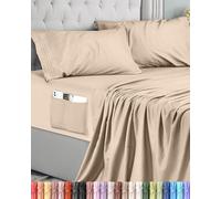 Utopia Bedding Parure de Lit 4 Pièces (135x190, Beige), Draps de Lit 2 Personnes, Polyester Microfibre, Drap Housse avec Poches de Rangement, Drap Plat et 2 Taies d'oreiller Brodé