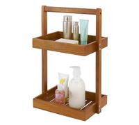Utoplike Étagère de douche d'angle en teck à 2 niveaux pour salle de bain, comptoir de douche debout avec poignée, panier de douche debout pour shampooing, pour douche intérieure, bureau de cuisine