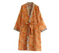 UUNBS Peignoir Kimono en Gaze 100% Coton pour Femme Peignoir Japonais léger en Jacquard Vêtement de Nuit Ample et Confortable,Leaves,M