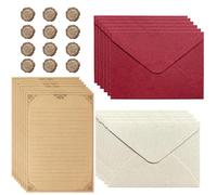 Uwiyo 44 Pièces L'Ensemble De Papeterie Vintage Papier, 12 Vintage Enveloppe et 20 Papier a Lettre Kraft Vintage, 12 Autocollants-Cire pour Invitations Anniversaire Mariage Cartes (Rouge Foncé+Blanc)