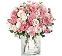 UXORSN 4 Bouquets Pivoine Fleurs Artificielles Roses Pivoines en Soie D'hortensia Artificielle Bouquets Fausse Fleur pour Mariage Parti Centres de Table Arrangement Floral Accueil Cuisine Décor, Rose