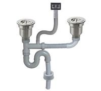 UYNAIT 2 bondes d'évier à double cuve + raccord de vidange de tuyau | Compatible avec double lavabo, siphon en P inclus, tuyau flexible, passoires en acier inoxydable, réglable de 250 à 550 mm