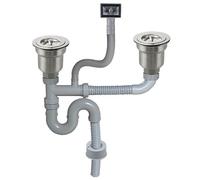 UYNAIT Siphon d'évier à double cuve + raccord de vidange Z8023C005+114+140 | Compatible avec double lavabo, siphon en P inclus, tuyau flexible, passoires en acier inoxydable, réglable de 250 à 550 mm