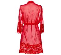 V-8860 peignoir rouge O/S, Elégante robe de chambre à manches longues, faite d'un mélange de tulle doux et de dentelle délicate