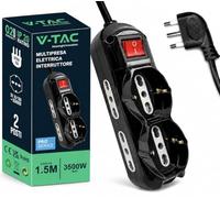 V-TAC Multiprise électrique Noire 6 Prises avec Interrupteur Lumineux - Câble 1,5 m - 3 Prises latérales 10/16 A Bypass et 3 fiches Avant 10/16 A Schuko - Multiprise pour