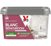 V33 Peinture blanche mur et plafond satinée - multi-supports - monocouche - BLANC RENOVATION®, 2,5L