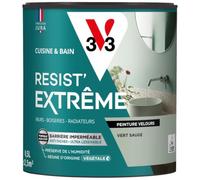 V33 Peinture Cuisine & Bain Résist' Extrême Vert Sauge Velours 0,5L | Murs, Boiseries, Radiateurs - Anti-taches - Ultra lessivable - Préserve de l'humidité - Résine d'origine végétale