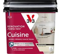 V33 Peinture Cuisine - Rénovation Perfection® - Haute Résistance taches et Chocs - Ultra-Lessivable - Meuble - Crédence - Plan de travail - Beige Moelleux satin - 750ml