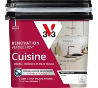 V33 Peinture Rénovation Perfection® Cuisine Blanc Satin 750ml | Haute Résistance taches et Chocs - Ultra-Lessivable - Meuble - Crédence - Plan de travail