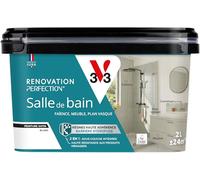V33 Peinture Rénovation Perfection® Salle de Bain Blanc Satin 2L | Haute Adhérence - Barrière Hydrofuge - Sous-Couche intégrée - Ecolabel - Faïence - Meuble - Plan Vasque