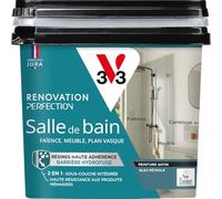 V33 Peinture Rénovation Perfection® Salle de Bain Bleu Pétrole Satin 750ml | Haute Adhérence - Barrière Hydrofuge - Sous-Couche intégrée - Ecolabel - Faïence - Meuble - Plan Vasque