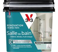 V33 Peinture Rénovation Perfection® Salle de Bain Céladon Satin 750ml | Haute Adhérence - Barrière Hydrofuge - Sous-Couche intégrée - Ecolabel - Faïence - Meuble - Plan Vasque