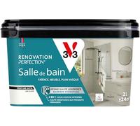 V33 Peinture Rénovation Perfection® Salle de Bain Lin Clair Satin 2L | Haute Adhérence - Barrière Hydrofuge - Sous-Couche intégrée - Ecolabel - Faïence - Meuble - Plan Vasque