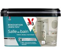 V33 Peinture Rénovation Perfection® Salle de Bain Tendre Gris Satin 2L | Haute Adhérence - Barrière Hydrofuge - Sous-Couche intégrée - Ecolabel - Faïence - Meuble - Plan Vasque