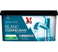 V33 Peinture salle de bain/cuisine blanche satinée, Haute résistance, BLANC CUISINE & BAIN 2,5L
