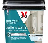 V33 Peinture Salle de Bain - Rénovation Perfection® - Haute Adhérence - Barrière Hydrofuge - Sous-Couche intégrée - Ecolabel - Faïence - Meuble - Plan Vasque - Bleu Glacé satin 750ml