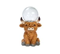 Vache des Highlands Décoration de jardin solaire avec boule de verre craquelé LED Changement de couleur 36 cm de hauteur