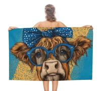 Vache des Highlands portant des lunettes de soleil bleu à pois nœud serviette de plage en microfibre anti-sable grande serviette de douche multi-usages absorbant pour salle de bain piscine 130 x 80 cm
